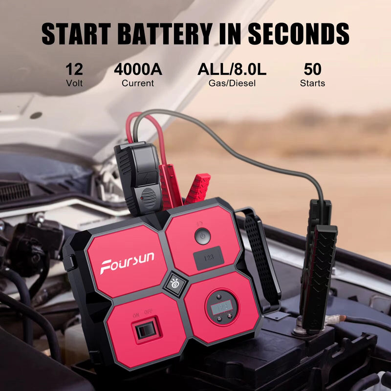 [EU/USA Direct] Foursun 26800Mah 4000A Portable Car Jump Starter with Air Compressor 10.35Bars Digital Tire Inflator with LED Light