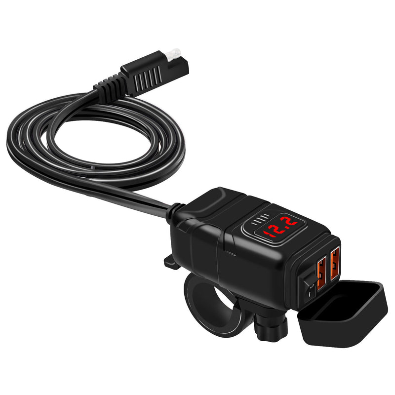 Motorcycle Charger SAE to USB Adapter Dual USB Fast Charger 12V Voltmeter with On/Off Power Switch for Phone GPS Tablet