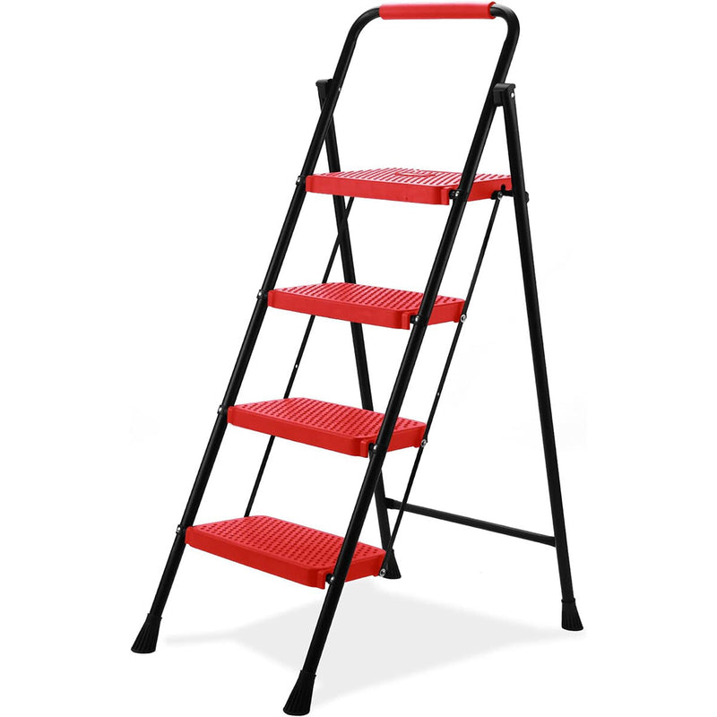 [US Direct]Portable Folding Ladder Red 4 Step Anti-Slip Wide Pedal Versatile Use for Home Office Garden
