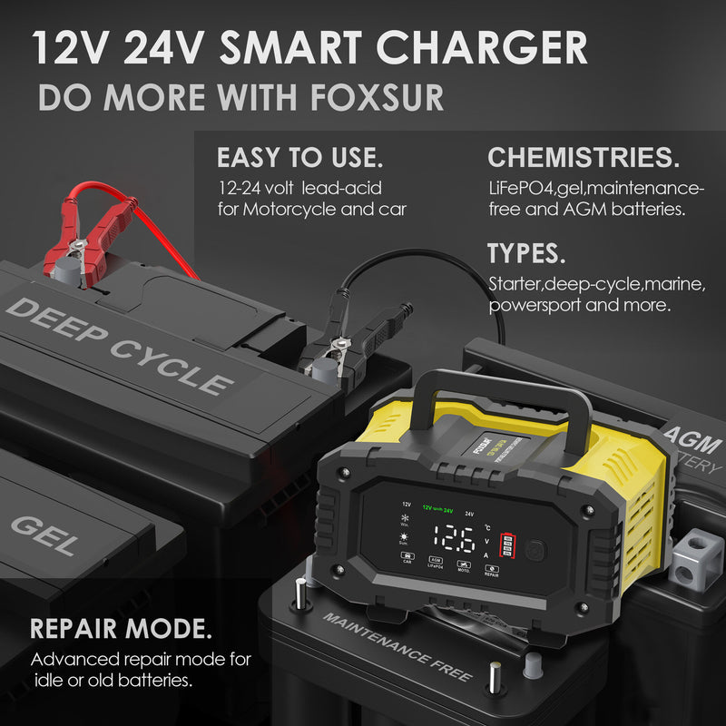 FOXUR 12V 24V 7 Charge Stages Portable Car Motorcycle Battery Charger For Calcium Gel AGM Wet LiFePO4 Lead Acid Battery
