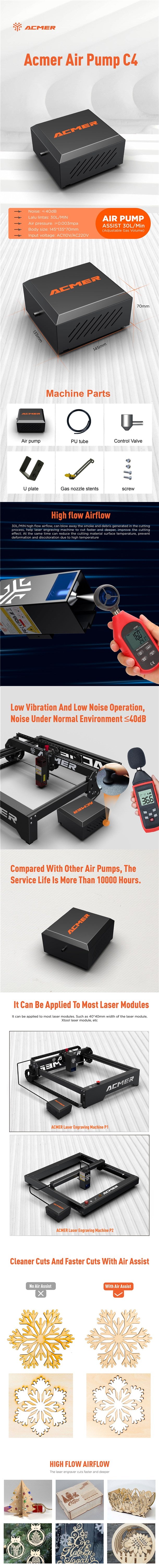 [EU/US Direct] ACMER C4 Air Pump Assist System for Laser Engraving Machine Laser Cutting Engraving Air-assisted Accessories