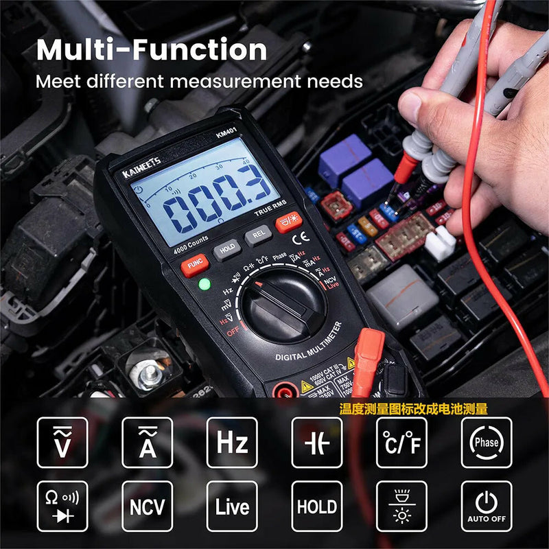 KAIWEETS KM401 Digital Multimeter AC/DC Voltage Resistance Continuity Diode Capacitance Temperature Tester Phase Sequence Detection User-Friendly with Data Hold Backlight