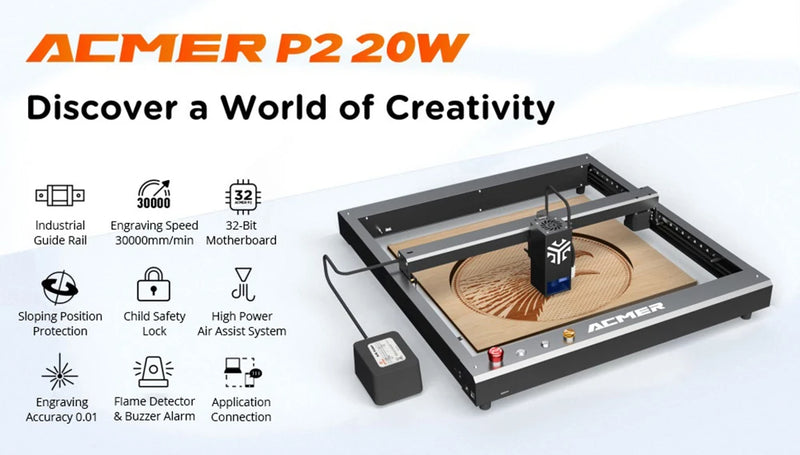 ACMER P2 20W Laser Engraver Fixed FocusEngraving at 30000mm/minUltra-silent Auto Air Assist No DIY No Installation