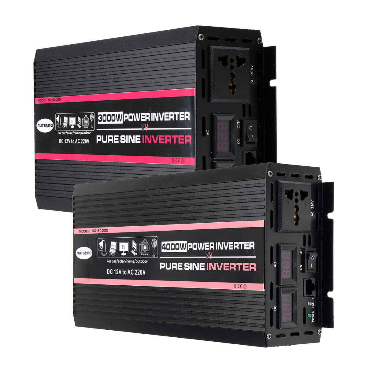 AUTSOME 12V to 220V Converter Pure Sine Wave Power Inverter Car Solar With Remote Control Dual LED Display