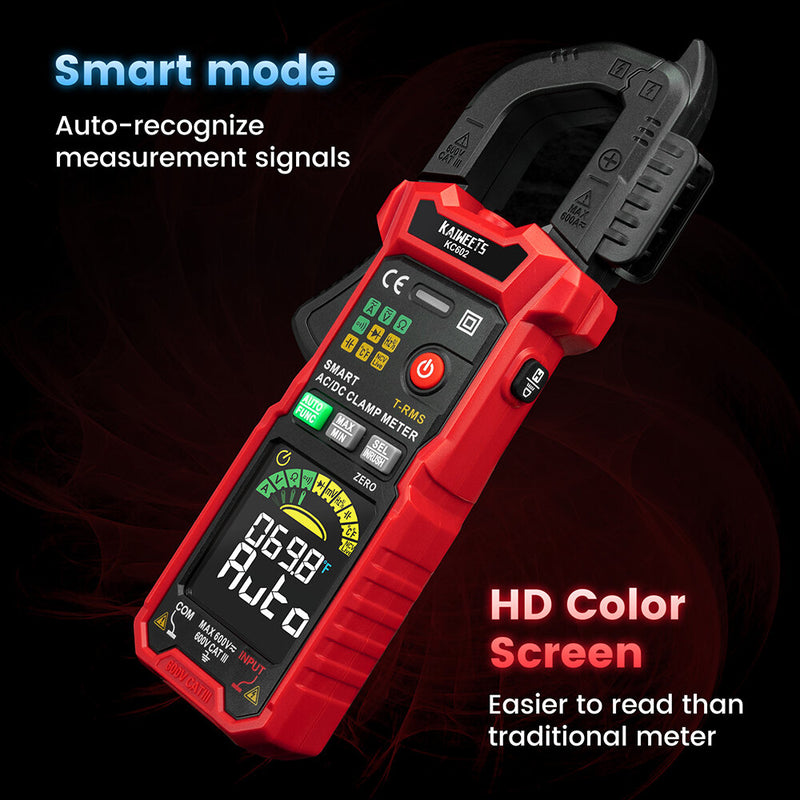 EU/US Direct KAIWEETS 602 Digital Clamp Meter AC/DC 600V 600A HD Color Screen Intelligent Mode Precision Tool for Safe Measurements