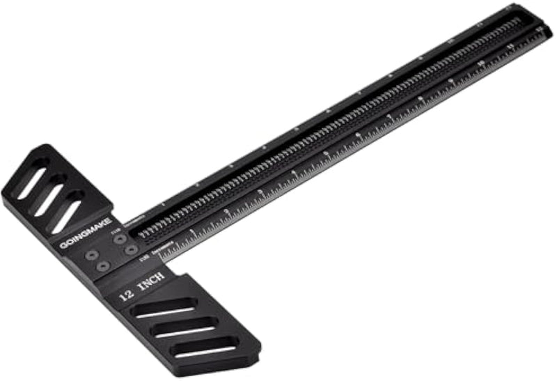 GOINGMAKE Woodworking T-Square 12 Inch Aluminum Alloy T Square Ruler 1/32" Hole Scrbing Guides Positioning Scribe Tool Precision Woodworking Ruler Scribing Tool for Carpenter Layout and Measuring