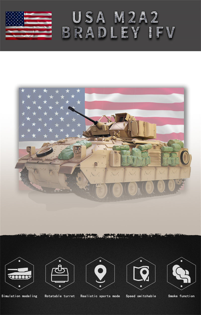 COOLBANK Model Bladeli M2A2 1/16 2.4G RC Main Battle Tank Smoke Sound Recoil Shooting LED Light Simulated Vehicles Models RTR Toys