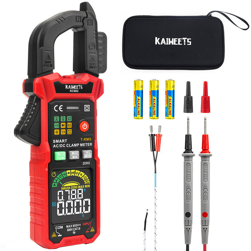 EU/US Direct KAIWEETS 602 Digital Clamp Meter AC/DC 600V 600A HD Color Screen Intelligent Mode Precision Tool for Safe Measurements