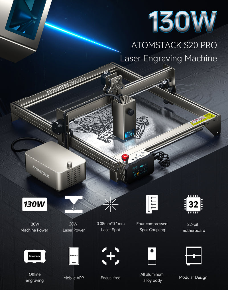 ATOMSTACK S20/A20 Pro Quad-Laser Engraving Cutting Machine Laser Engraver Built-in Air Assist System 20W Laser Output Power App Control Support Offline Engraving 0.05mm Thick Stainless Steel Cutting Banggood Exclusive Color
