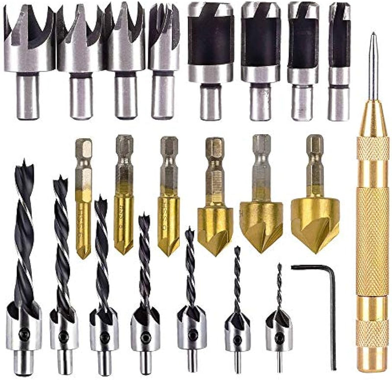 Rocaris 23-Pack Woodworking Chamfer Drilling Tool, 6pcs 1/4" Hex 5 Flute 90 Degree Countersink Drill Bits, 7pcs Three Pointed with L-Wrench, 8PCS Wood Plug Cutter, and Automatic