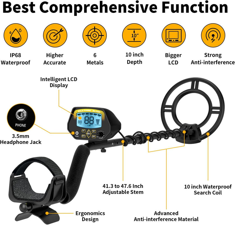 USA Direct Metal Detector Waterproof Professional Gold Finder with LCD Display 10" Coil Advanced DSP Chip Deep Detection Treasure Hunter