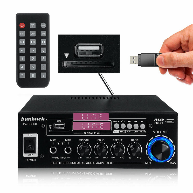 Sunbuck AV-660BT 2000W bluetooth 5.0 Audio Power Amplifier EQ Stereo AMP Car Home 2CH AUX USB FM Radio