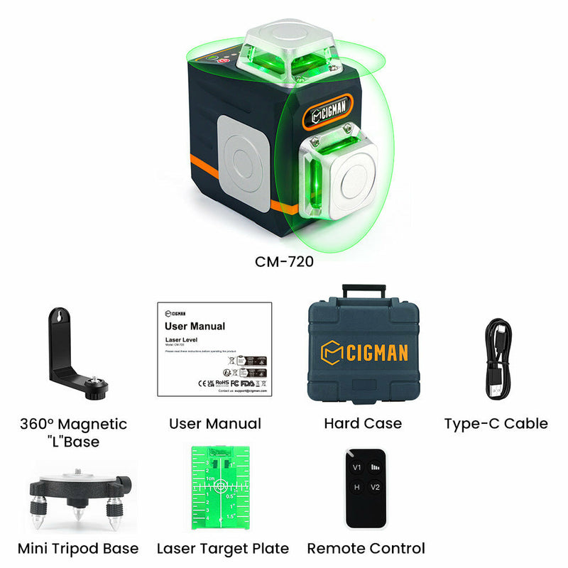 EU US Direct CIGMAN CM-720/CM-720SE Laser Level Tool with 2x360° Self Leveling Line Rechargeable Type-C Battery Magnetic L Bracket Professional Construction Equipment for Picture Hanging and Home Decoration