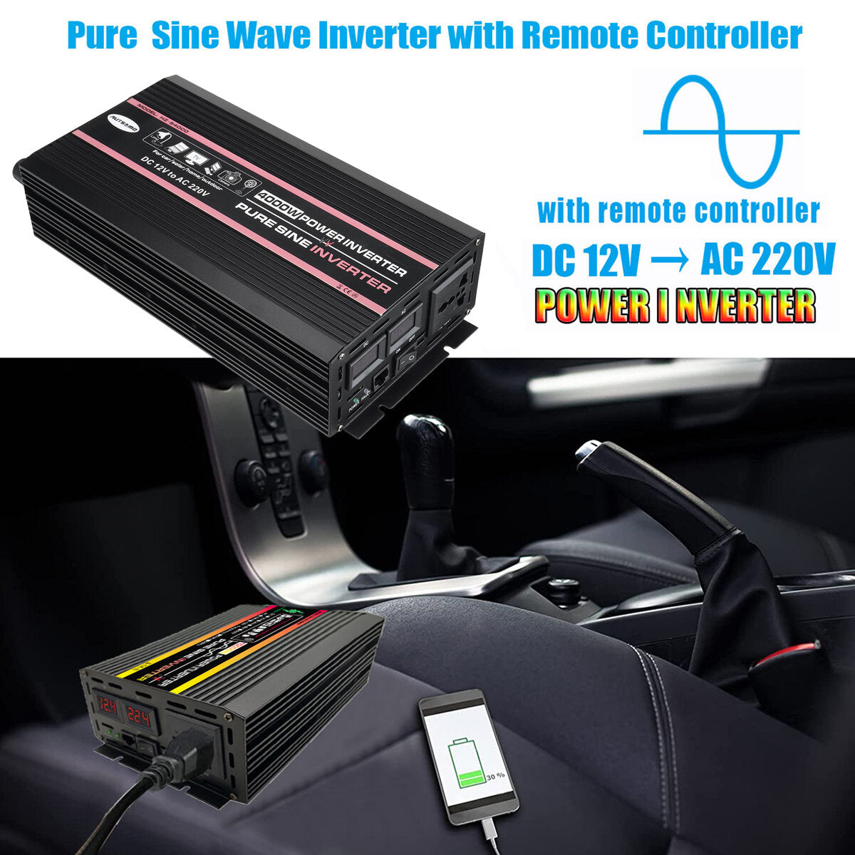 AUTSOME 12V to 220V Converter Pure Sine Wave Power Inverter Car Solar With Remote Control Dual LED Display