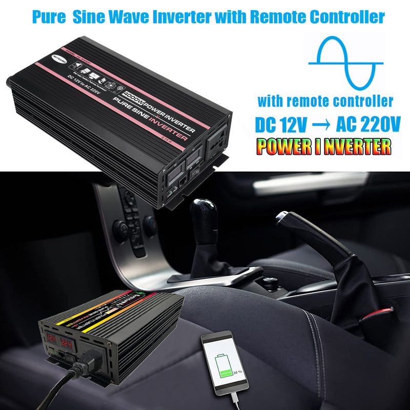 AUTSOME 12V to 220V Converter Pure Sine Wave Power Inverter Car Solar With Remote Control Dual LED Display