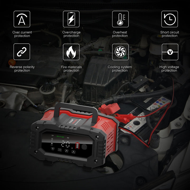 FOXSUR 300W 12V 24V High-Power Portable 20A Car Battery Charger for Calcium, Gel AGM, Wet,LiFePO4, lead Acid Batteries