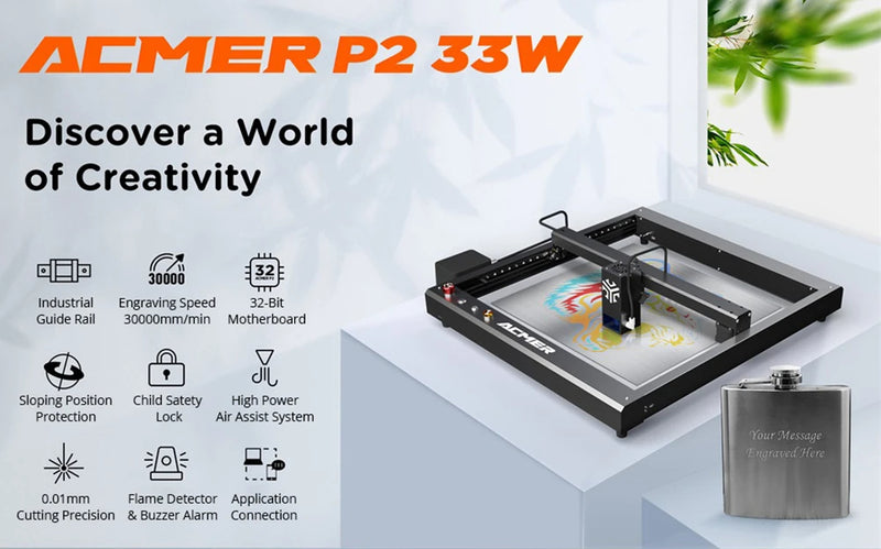 ACMER P2 33W Laser Engraver Cutter Engraving at 24000mm/min Cut 25mm Acrylic iOS Android App Control No DIY No Installation