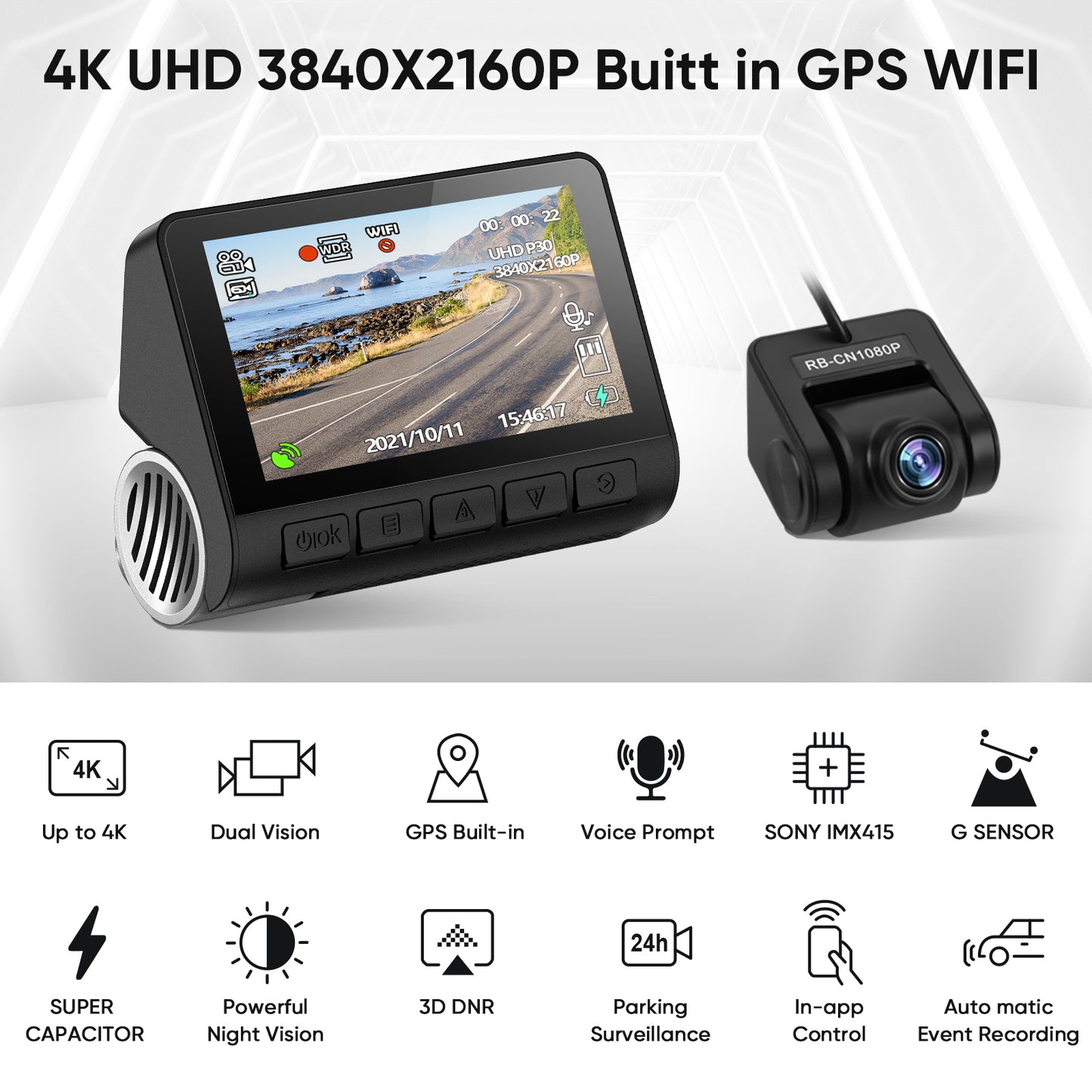 V55/V55+ 4K Dash Cam Car DVR 2160P GPS ADAS 24H Parking Support Rear Cam Night Vision Voice Prompt APP Control