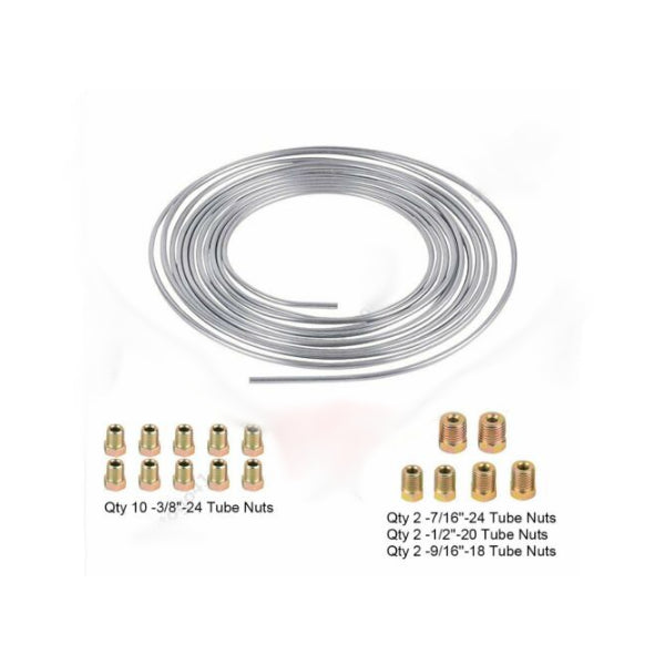 25Ft Coil Roll of 3/16"OD Steel Zinc Brake Line Fuel Tubing Kit with 16 Fittings Replacement Accessories