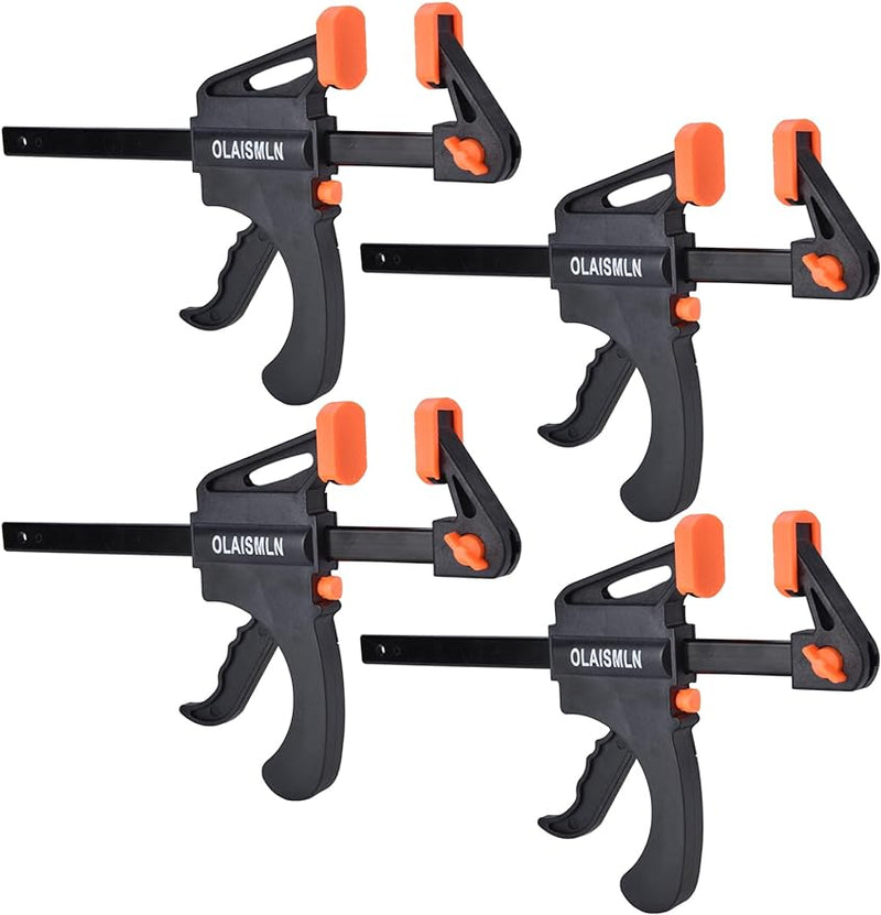 Olaismln 4-Pack 6 inch Bar Clamps for Woodworking, One-Handed Clamp/Spreader, Trigger Clamps with 150 lbs, Quick-Change F Clamp for Gluing Securing, Carpentry and DIY