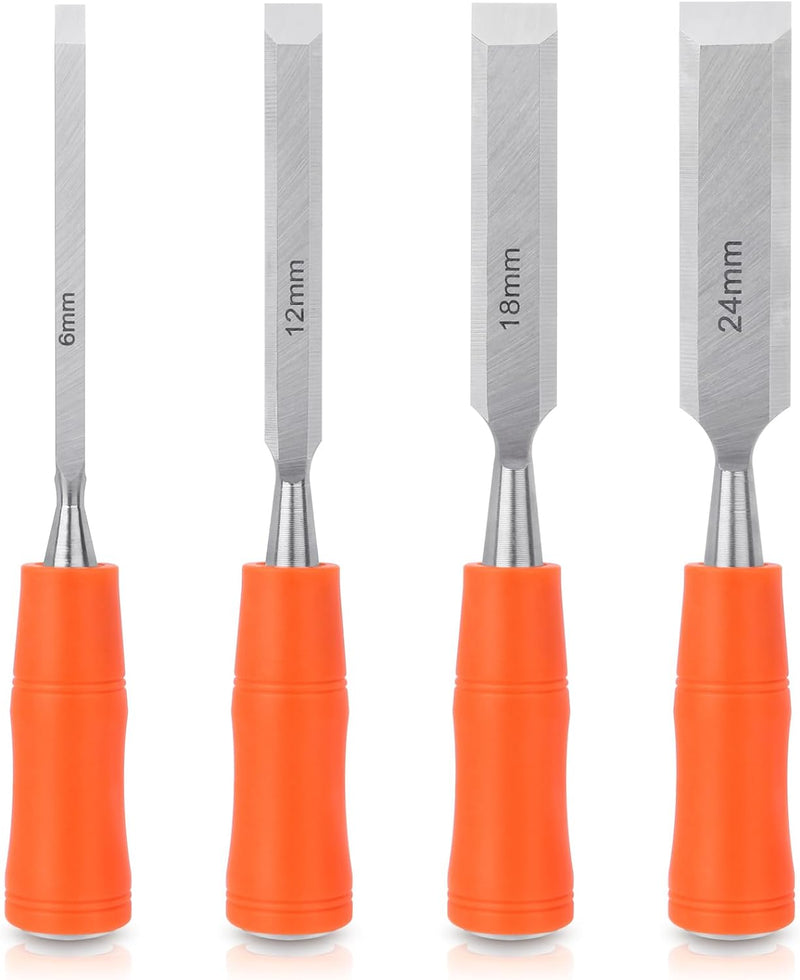 4 Piece Wood Chisel Sets Woodworking Tools Set, Wood Chisels for Woodworking with Steel Hammer End, Wood Tools Chisel Set Woodworking with Ergonomic Plastic Handle, 6mm, 12mm, 18mm, 24mm