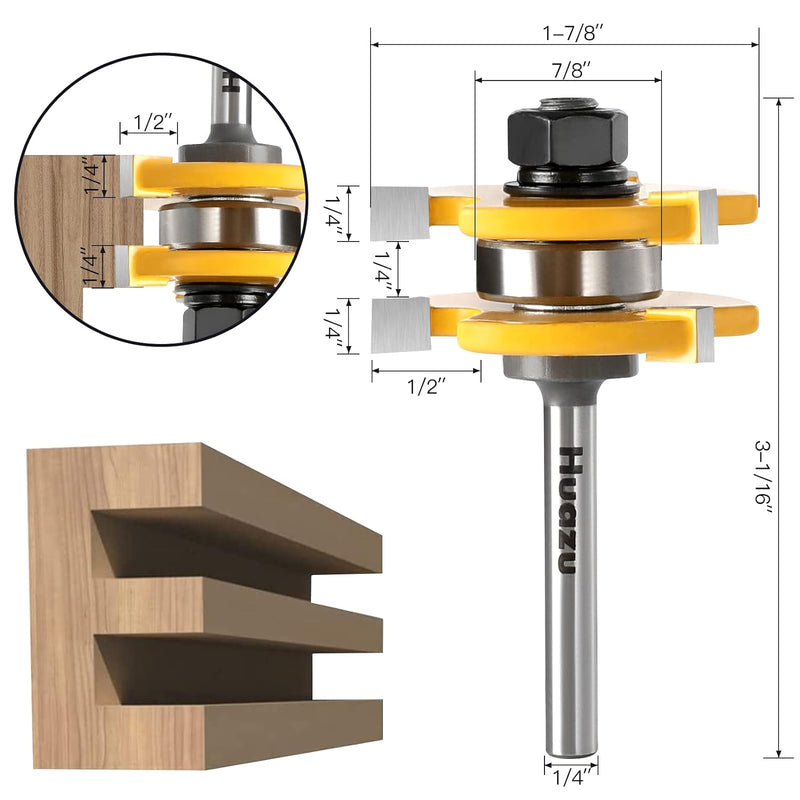 Tongue and Groove Router Bits Set, Huazu 1/4 Inch Shank 3 Teeth Adjustable T-Shape Woodworking Milling Cutter for Doors, Drawers, Shelves & Floors