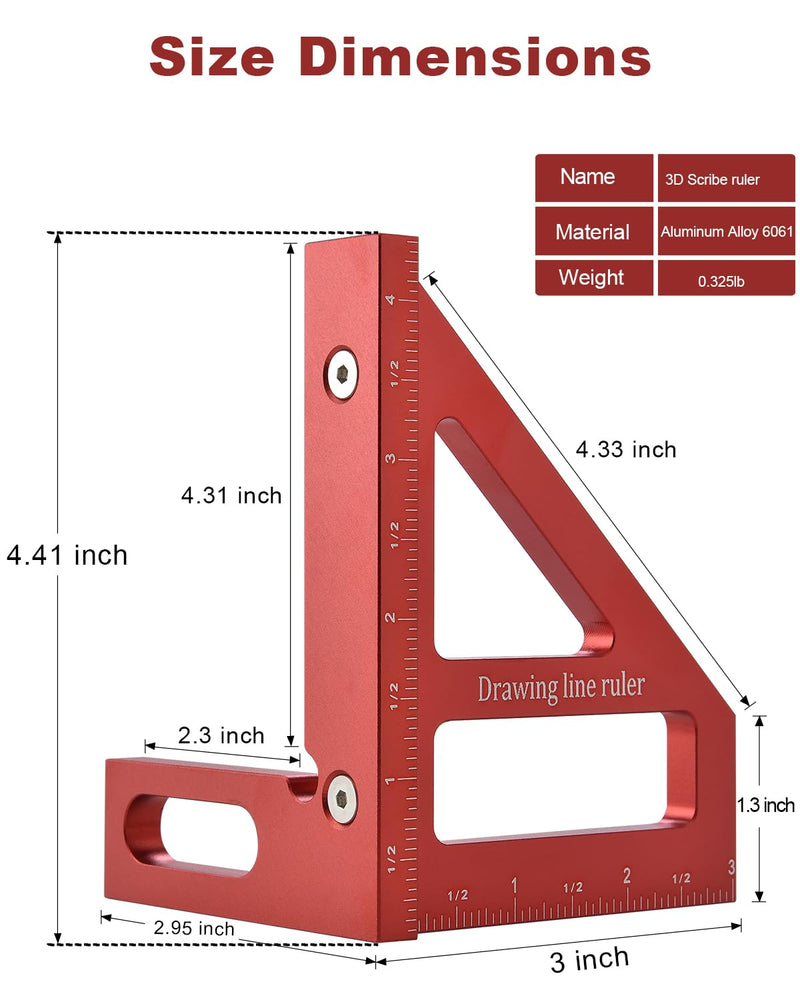 BOXmime Imperial 3D Multi-Angle Measuring Ruler,45/90 Degree Aluminum Alloy Woodworking Square Protractor, Miter Triangle Ruler High Precision Layout Measuring Tool
