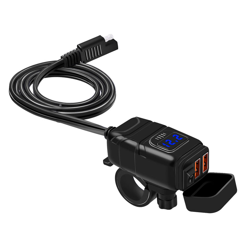 Motorcycle Charger SAE to USB Adapter Dual USB Fast Charger 12V Voltmeter with On/Off Power Switch for Phone GPS Tablet