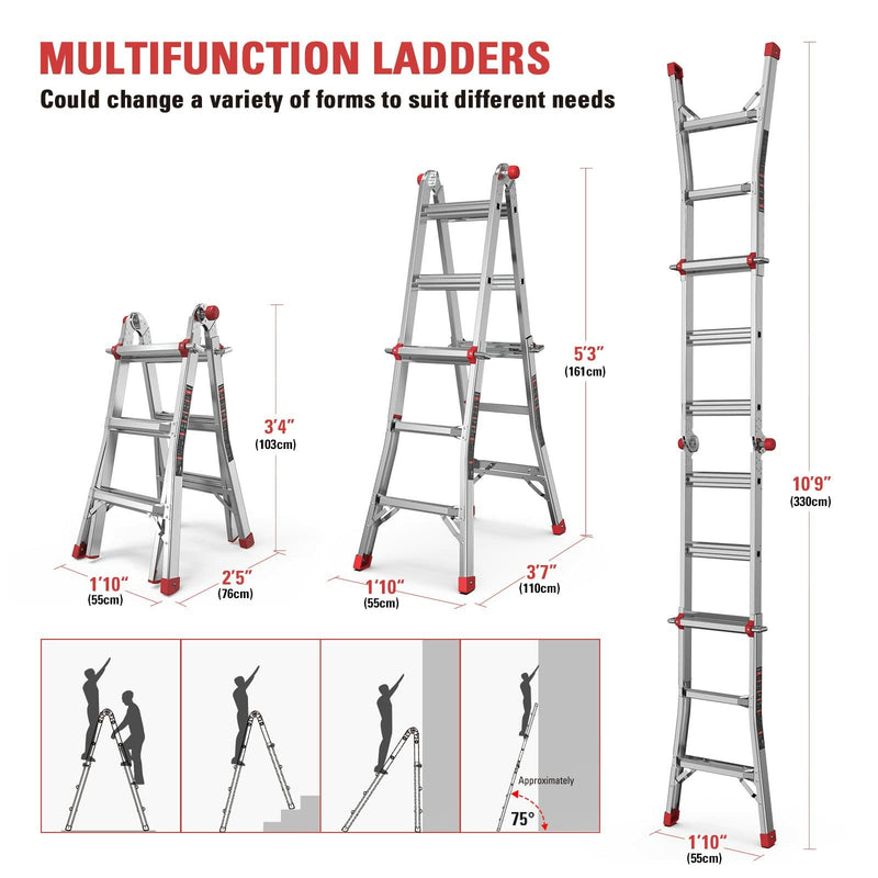 [US Driect]Ecomax Folding Ladder, 13 ft Aluminum Extension Ladder, 300 lbs Load Capacity, Portable Telescoping Ladder with Non-Slip Rubber, Multi-Position Step Ladders, for Working EM4X3L2, Silver