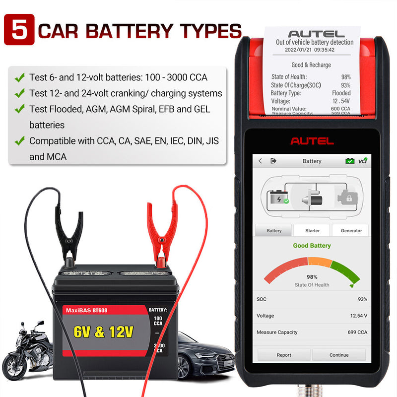 [EU Direct] Autel MaxiBAS BT608E Car Battery Tester 12V 24V 100-3000 CCA Battery Analyzer All System Diagnostic Battery Registration Tool