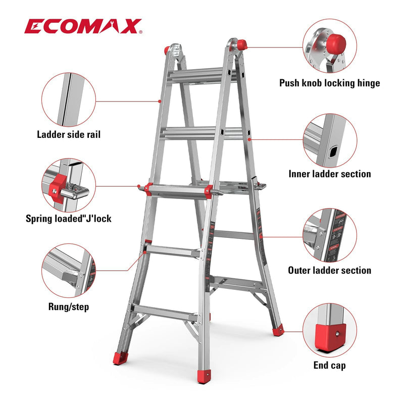 [US Driect]Ecomax Folding Ladder, 13 ft Aluminum Extension Ladder, 300 lbs Load Capacity, Portable Telescoping Ladder with Non-Slip Rubber, Multi-Position Step Ladders, for Working EM4X3L2, Silver