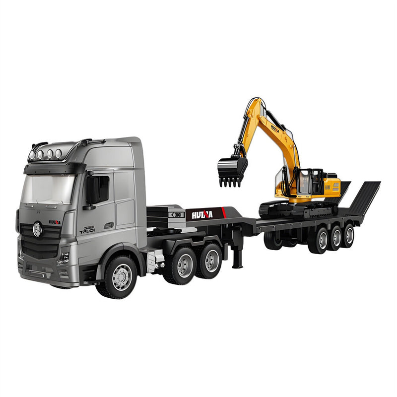 HuiNa Toys 1522 1/18 2.4G 9CH RC Car Flatbed Trailers Excavator Truck Engineering Vehicles LED Light Sound RTR Transport Remote Control Models
