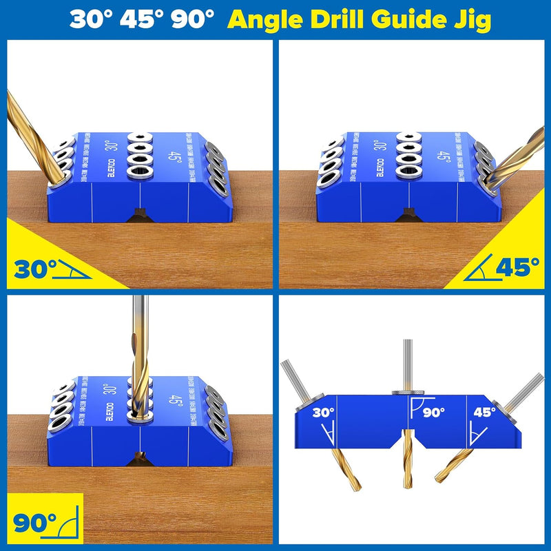 BLEKOO Blue Angled Drill Guide Jig with 4 Bits for Wood Posts & Cable Railing Lag Screw Kit, Durable All Metal Drill Jig for Drilling 30°, 45°, 90° Degree Angle Holes