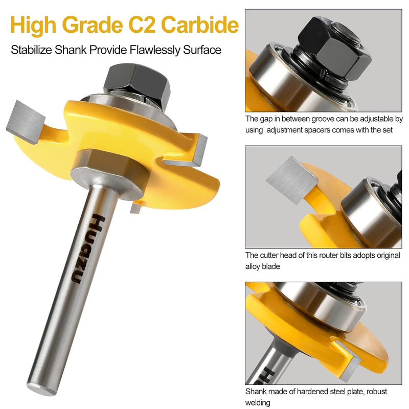 Tongue and Groove Router Bits Set, Huazu 1/4 Inch Shank 3 Teeth Adjustable T-Shape Woodworking Milling Cutter for Doors, Drawers, Shelves & Floors