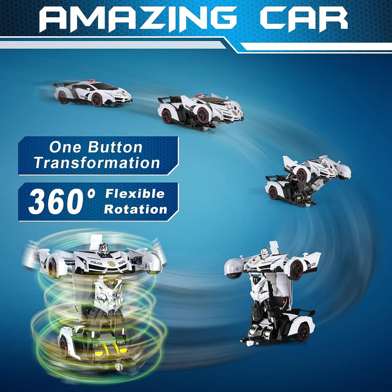 Remote Control Car - Transform , One Button Deformation to Robot with Flashing Light, 2.4Ghz 1:18 Scale Transforming Police Boys Kids Toys Gift with 360 Degree Rotating Drifting
