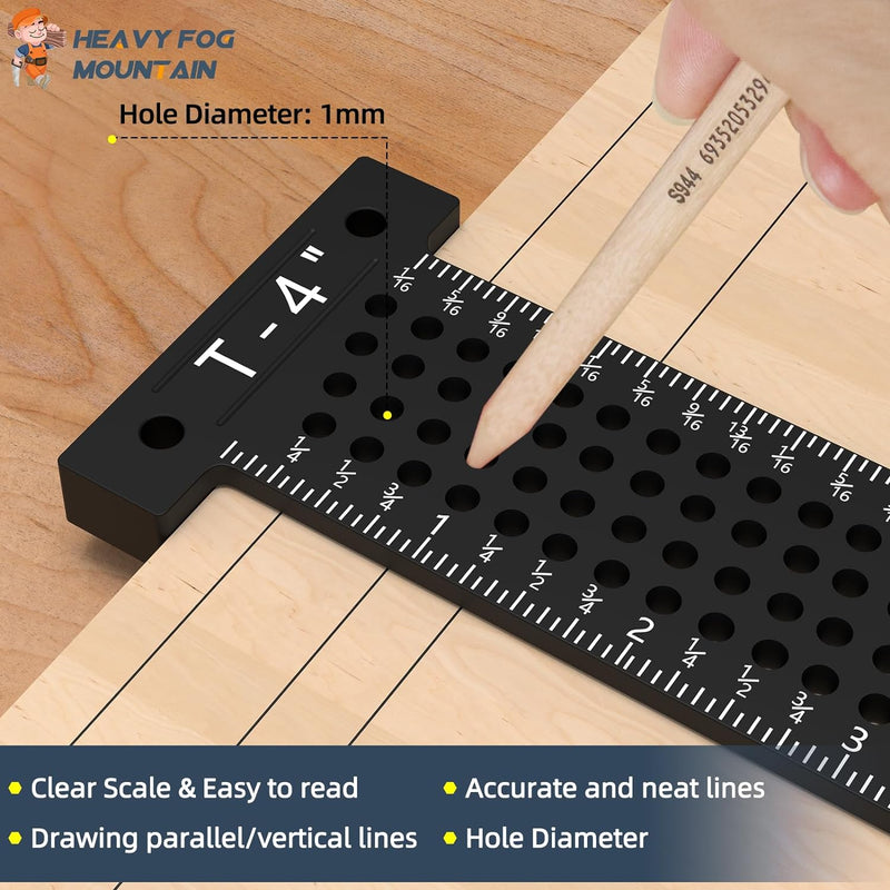 HFM Woodworking Scriber T-Square Ruler 4 inch, Architect Ruler for Carpenter Work, Layout and Measuring, Aluminum Alloy Square Scriber