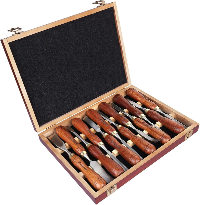 Wood Carving Tools Set for Woodworking, Wood Carving Kit of 12 Wood Chisels with Wooden Case, Sharp CR-V 60 Steel Blades, Wood Carving Chisels Set for Beginners and Professionals