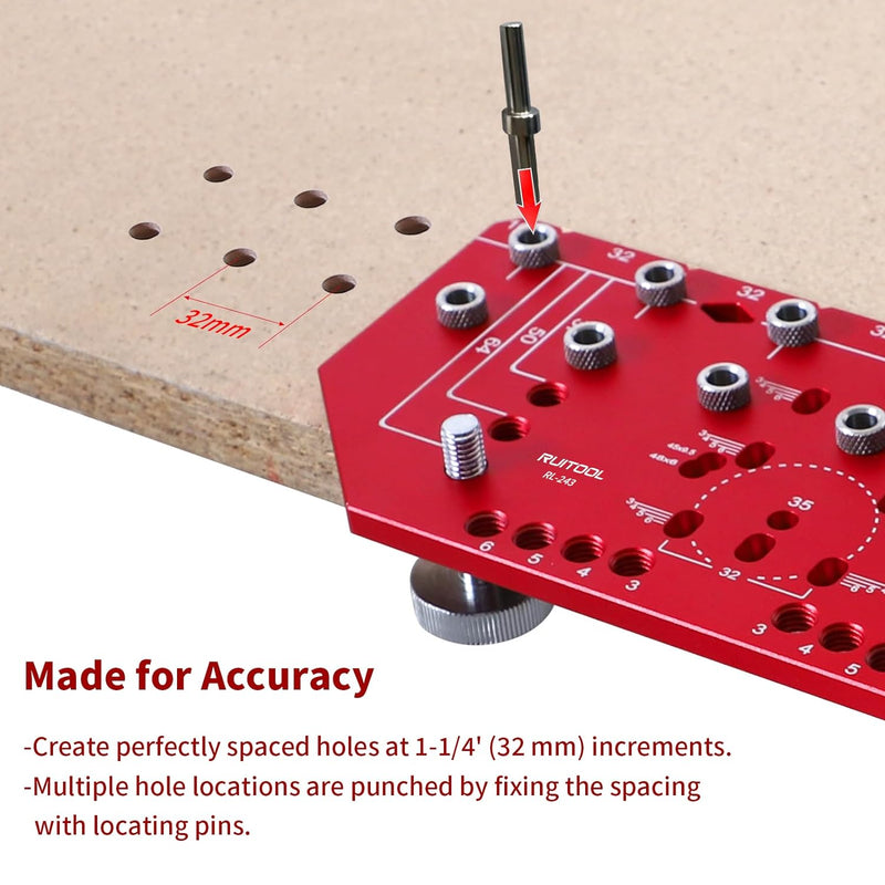 RUITOOL Shelf Pin Jig and Hinge Jig Two-in-One, Self-contained Clamping Function All Metal Shelf Pin Drilling Jig with 1/4" and 5mm Drill Bits, Shelf Jig and Cabinet Hardware Jig Tool Drill Guide
