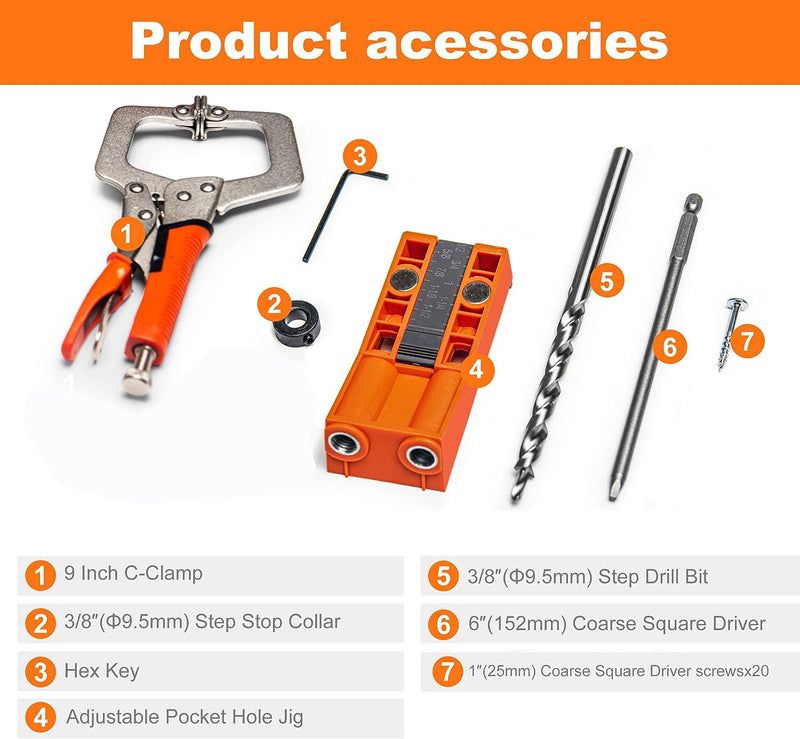 Pocket Hole Jig System Kit, Pocket Screw Jig with 11 Inch Clamp, Square Driver Bit, Hex Wrench, Depth Stop Collar, Step Drill Bit, Coarse Square Driver Screws, All In One for Joinery Work
