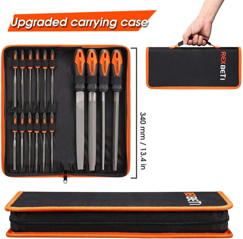 REXBETI 25Pcs Metal File Set, Premium Grade T12 Drop Forged Alloy Steel, Flat/Triangle/Half-round/Round Large File and 12pcs Needle Files with Carry Case, 6pcs Sandpaper, a brush,a pair working gloves