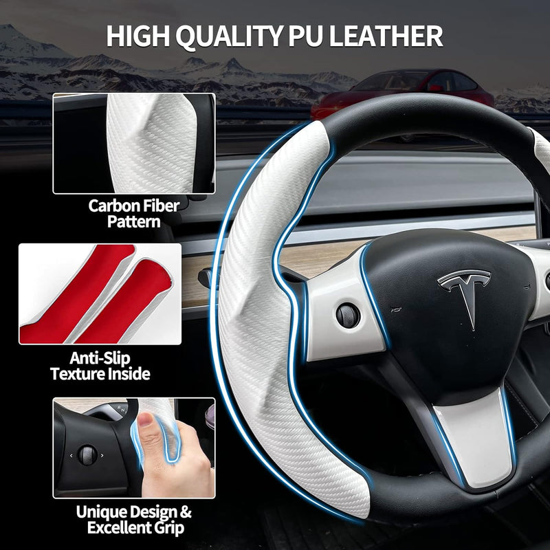 Uxcer Tesla Model 3 / Y Steering Wheel Cover, Carbon Fiber Tesla Steering Wheel Protector Cover & ABS Steering Wheel Wrap Kit for 2016-2023 Tesla Model 3 / Y Accessories White, Gifts for Tesla Owners