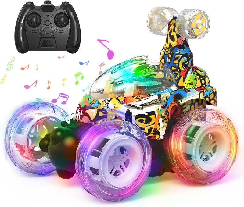Kizeefun Remote Control Car, RC Stunt Car Invincible 360°Rolling Twister with Colorful Lights & Music Switch, Rechargeable Remote Control Car for Boys and Girls