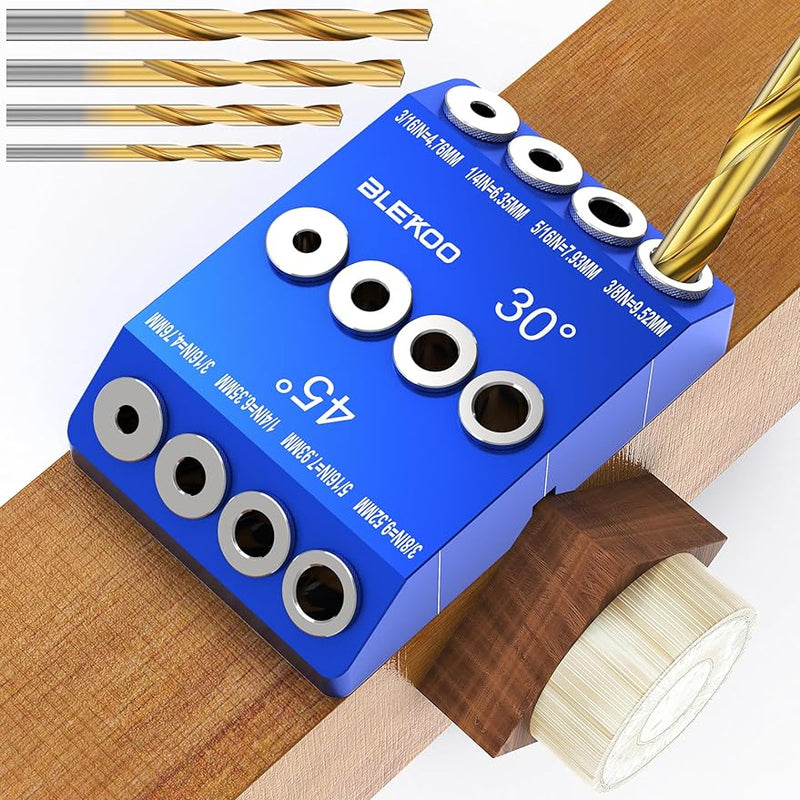 BLEKOO Blue Angled Drill Guide Jig with 4 Bits for Wood Posts & Cable Railing Lag Screw Kit, Durable All Metal Drill Jig for Drilling 30°, 45°, 90° Degree Angle Holes