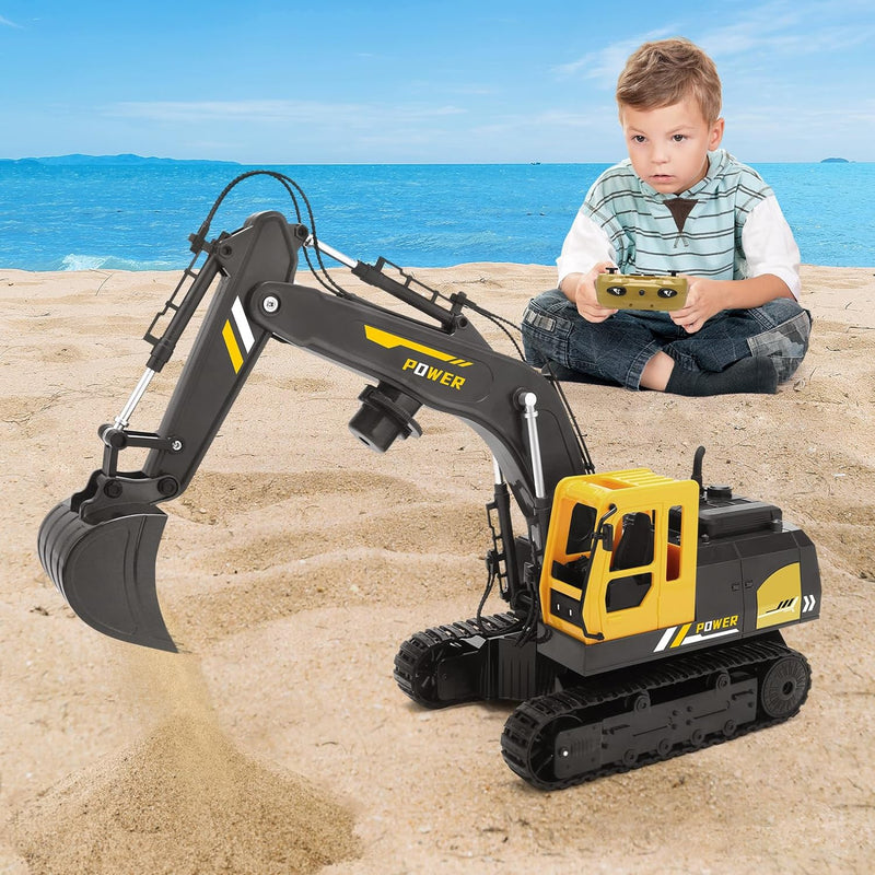 Remote Control Excavator Toys for Boys - 12 Channel Metal Shovel RC Excavator with Spray & LED Lights, RC Construction Vehicles with 2 Batteries, Gifts for Kids Boys Girls Age 4-7 8-12 Year Old