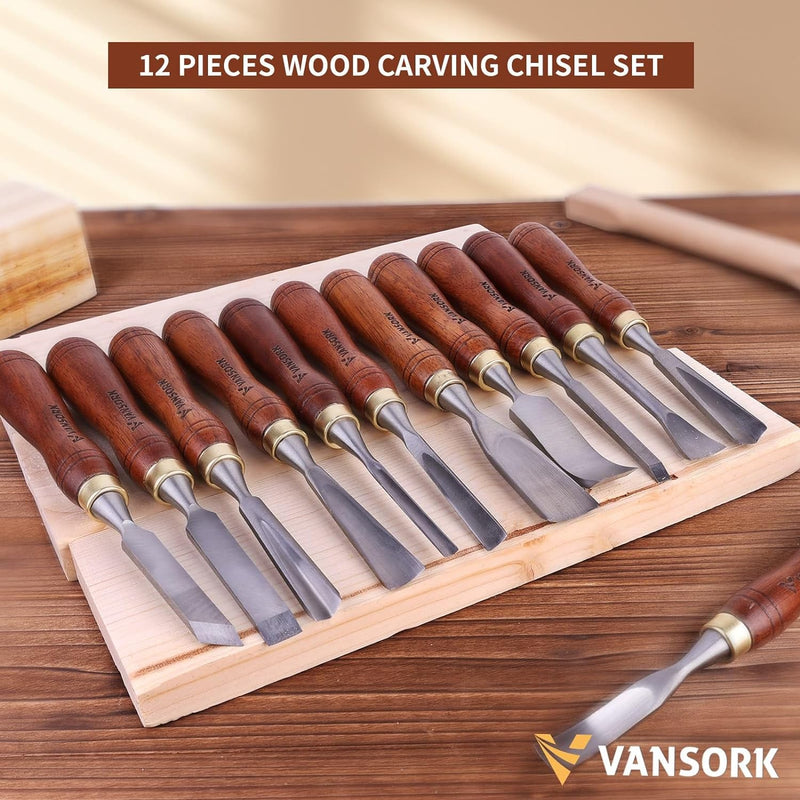 Wood Carving Tools Set for Woodworking, Wood Carving Kit of 12 Wood Chisels with Wooden Case, Sharp CR-V 60 Steel Blades, Wood Carving Chisels Set for Beginners and Professionals