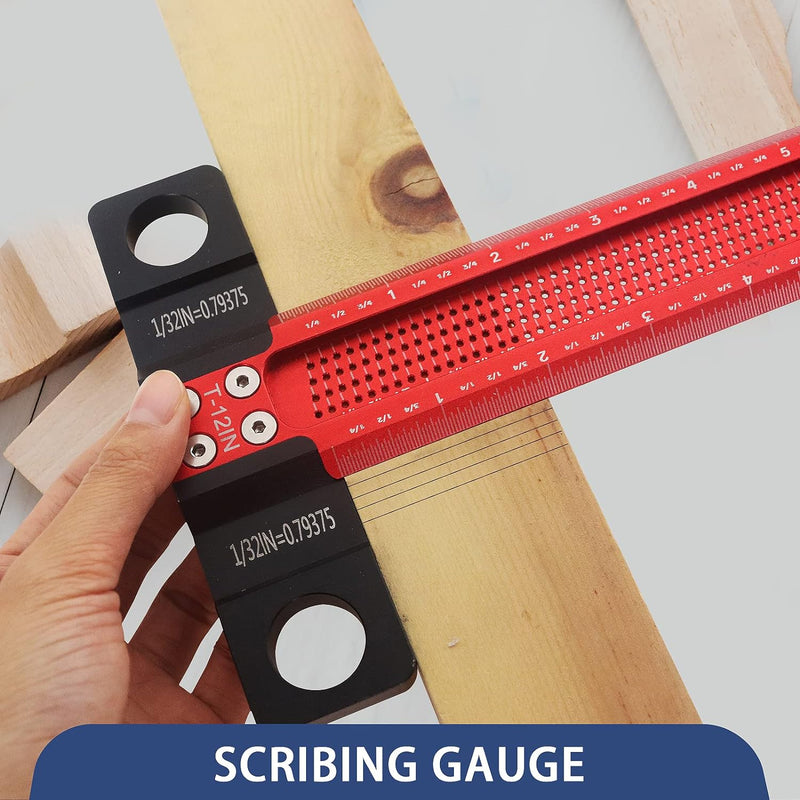 HFM Woodworking Scriber T-Square Ruler 12 inch, Architect Ruler for Carpenter Work, Layout and Measuring, Aluminum Alloy Square Layout Scriber