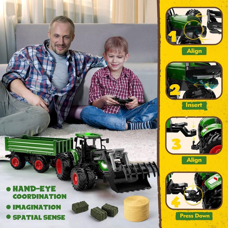 Remote Control Tractor Toy, Kids RC Tractor Set & Truck and Trailer Front Loader - Metal Car Head/8 Wheel/Light, Toddlers Farm Vehicle Toys for 3 4 5 6 7 8 9 Year Old Boys Girls Birthday Gift