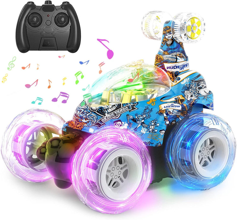 Kizeefun Remote Control Car, RC Stunt Car Invincible 360°Rolling Twister with Colorful Lights & Music Switch, Rechargeable Remote Control Car for Boys and Girls