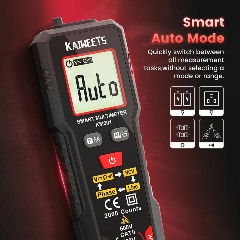 US EU Direct KAIWEETS KM201 Digital Multimeter True-RMS 2000 Counts - Measures Up to 600V AC/DC Voltage Resistance Frequency with Backlight and Flashlight Auto Mode Data Hold Overload Protection
