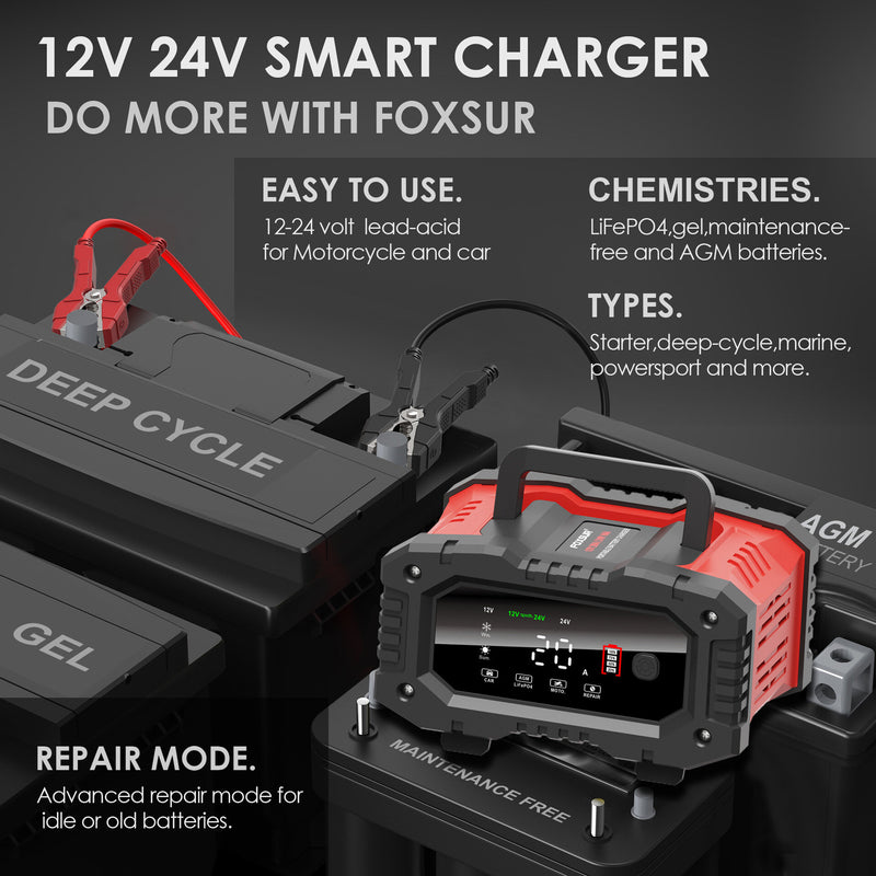 FOXSUR 300W 12V 24V High-Power Portable 20A Car Battery Charger for Calcium, Gel AGM, Wet,LiFePO4, lead Acid Batteries